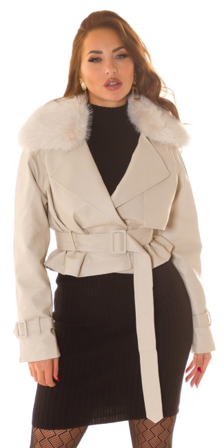 faux leather winter jacket with belt Beige